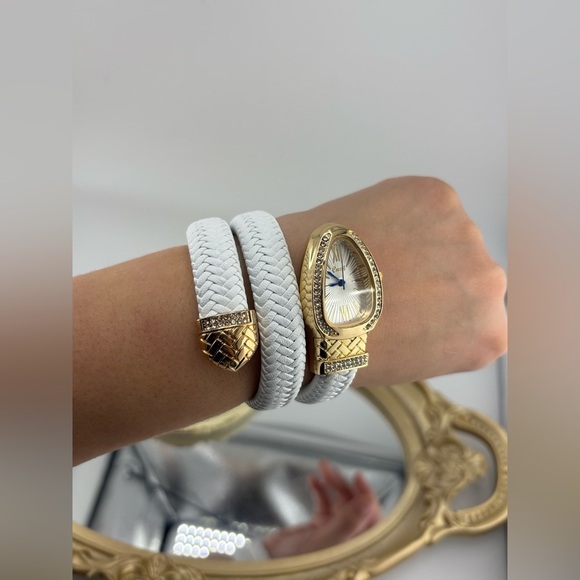 White Braided Wrap Watch with Gold & Crystal Accents – Bracelet Style - Picture 9 of 9